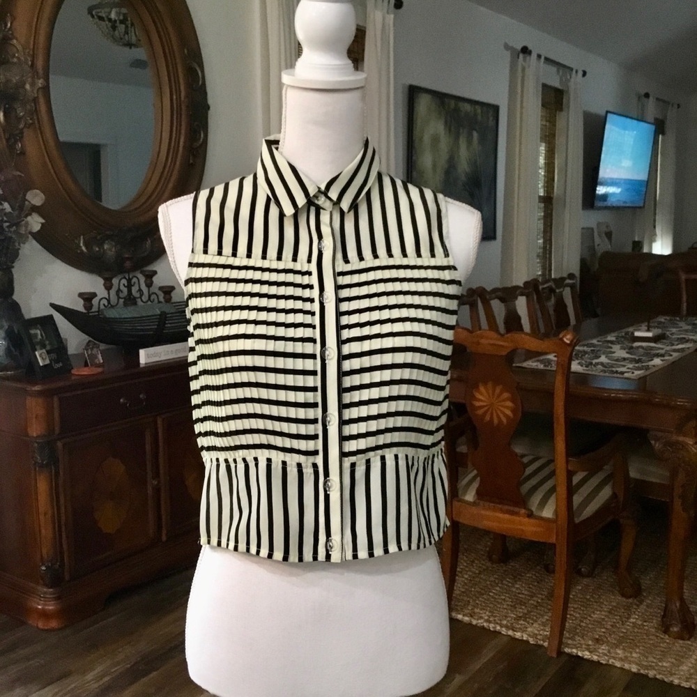 MINKPINK Black and Cream Striped Sleeveless Pleated Button-Up Blouse